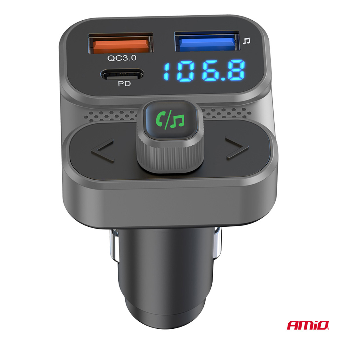 Automobilinis FM siųstuvas, 2×USB-A 1×USB-C 12V 24V AMIO-04649