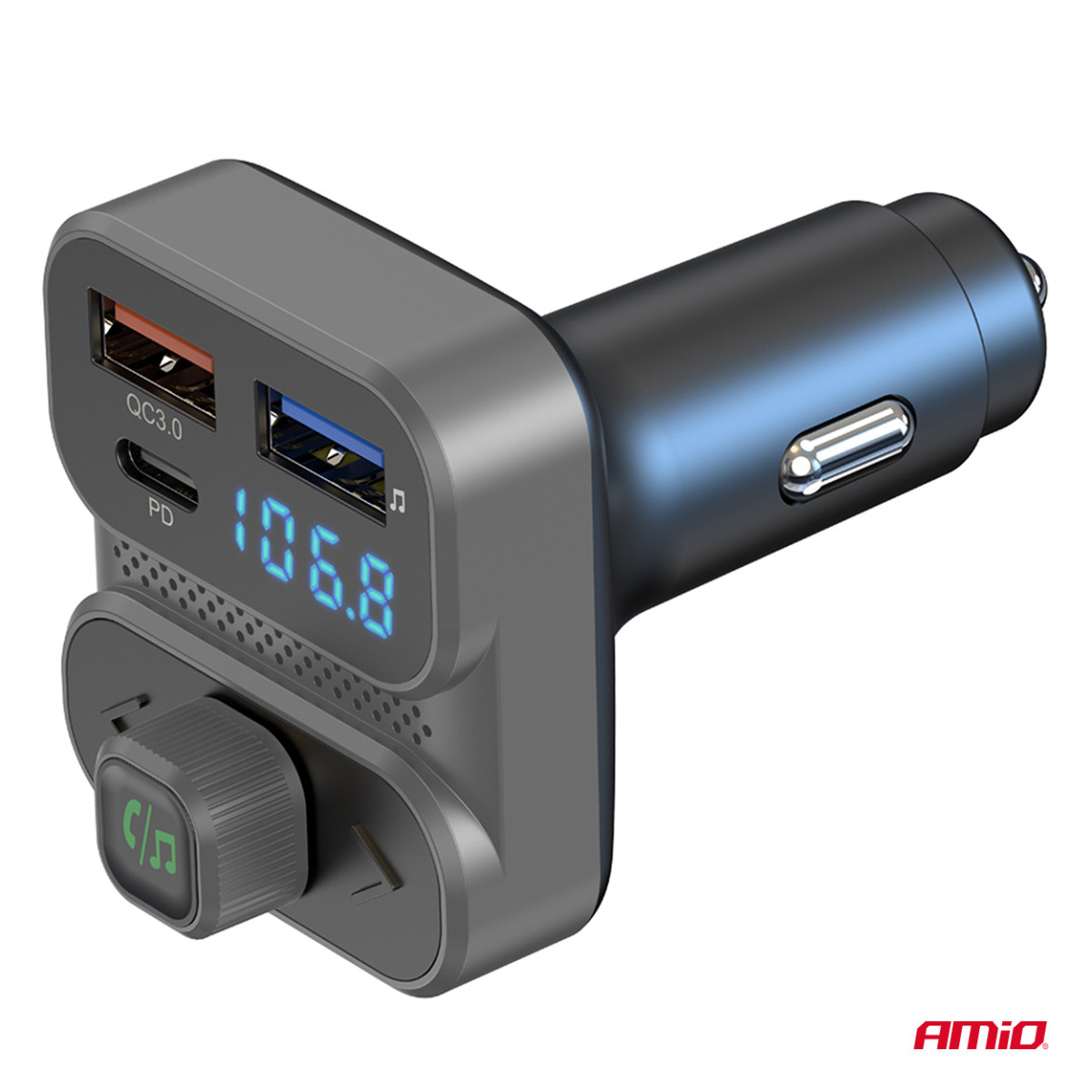 Automobilinis FM siųstuvas, 2×USB-A 1×USB-C 12V 24V AMIO-04649