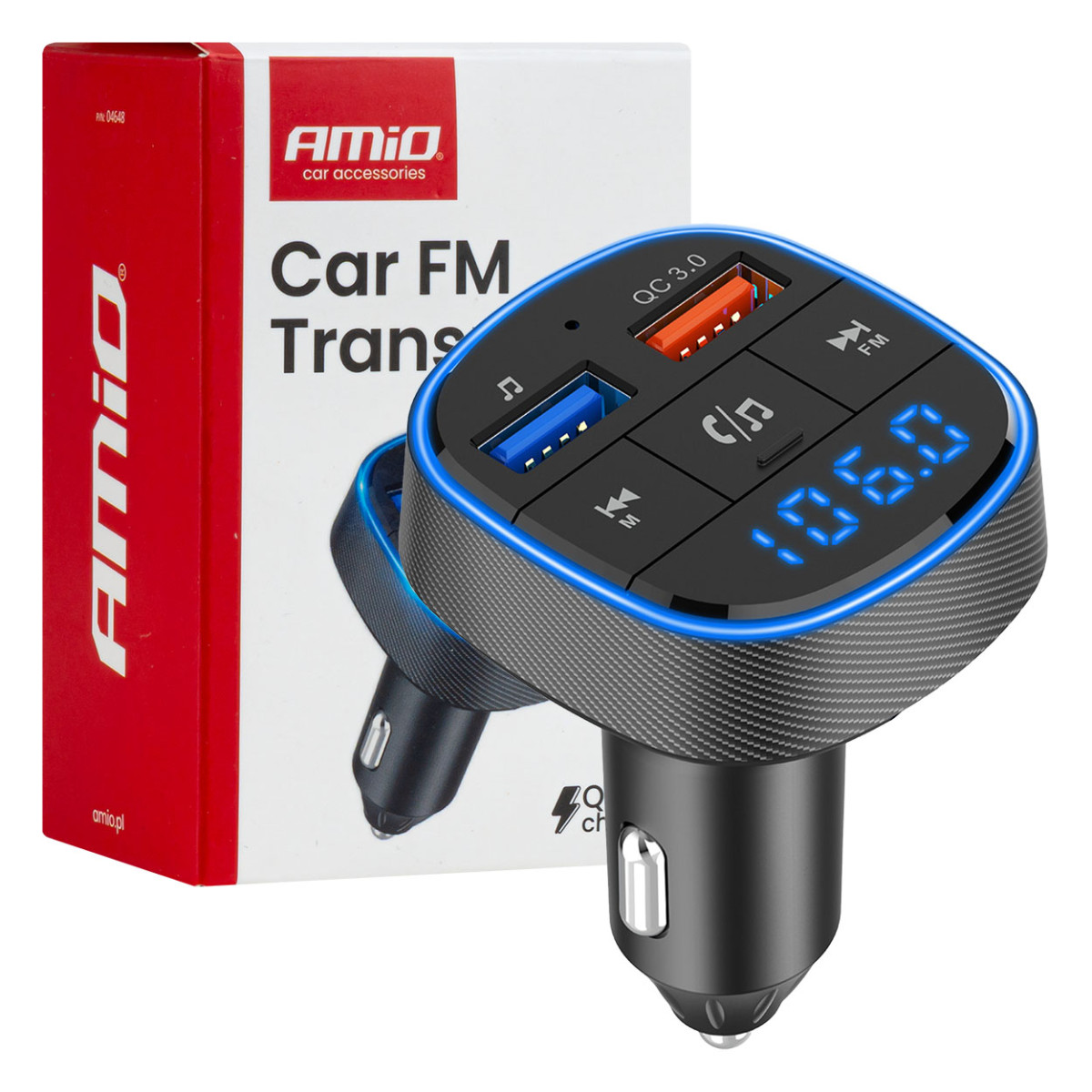 Automobilinis FM siųstuvas, 2×USB-A 12V 24V AMIO-04648