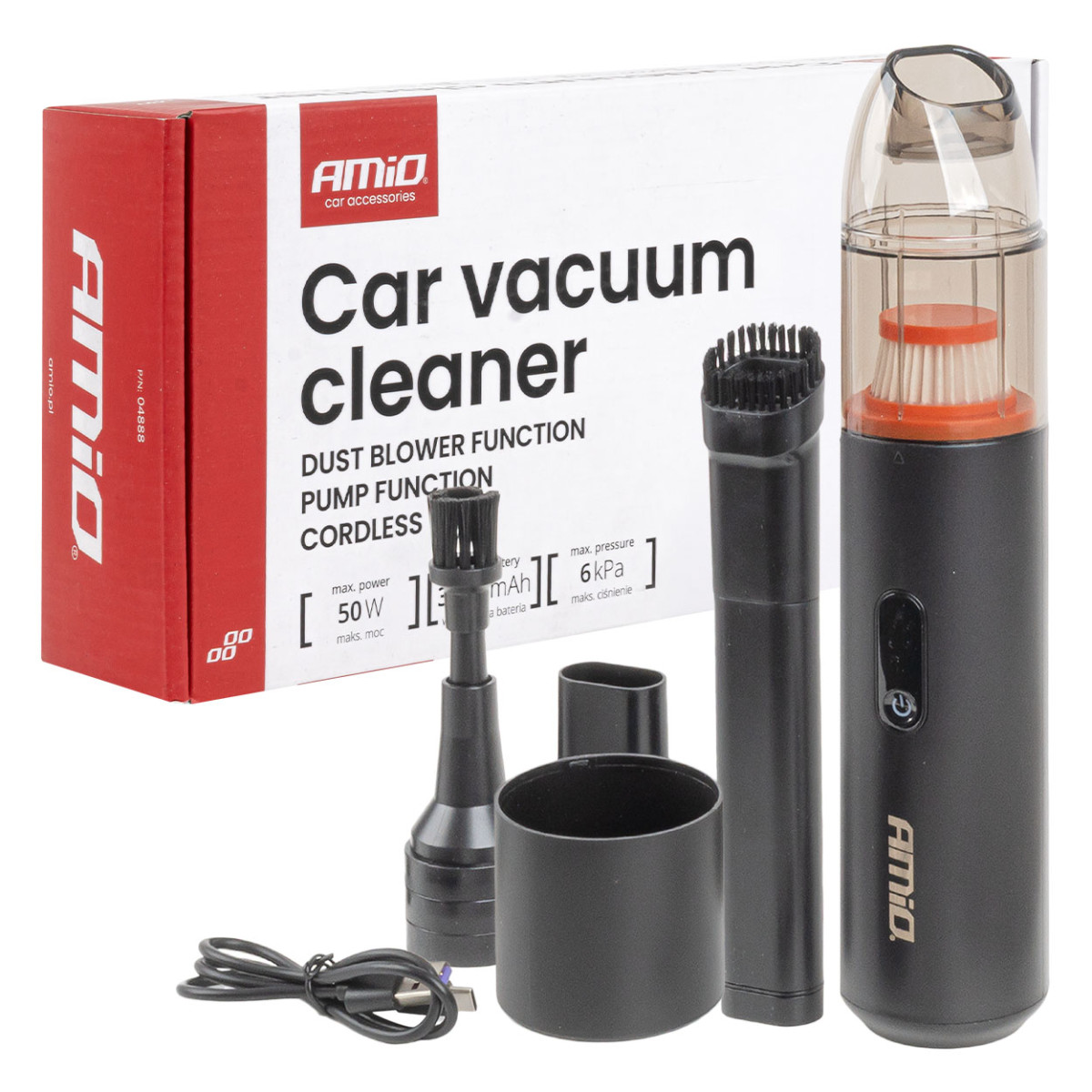 Belaidis automobilinis dulkių siurblys 6 kPa, 50W, 150 ml AMIO-04888