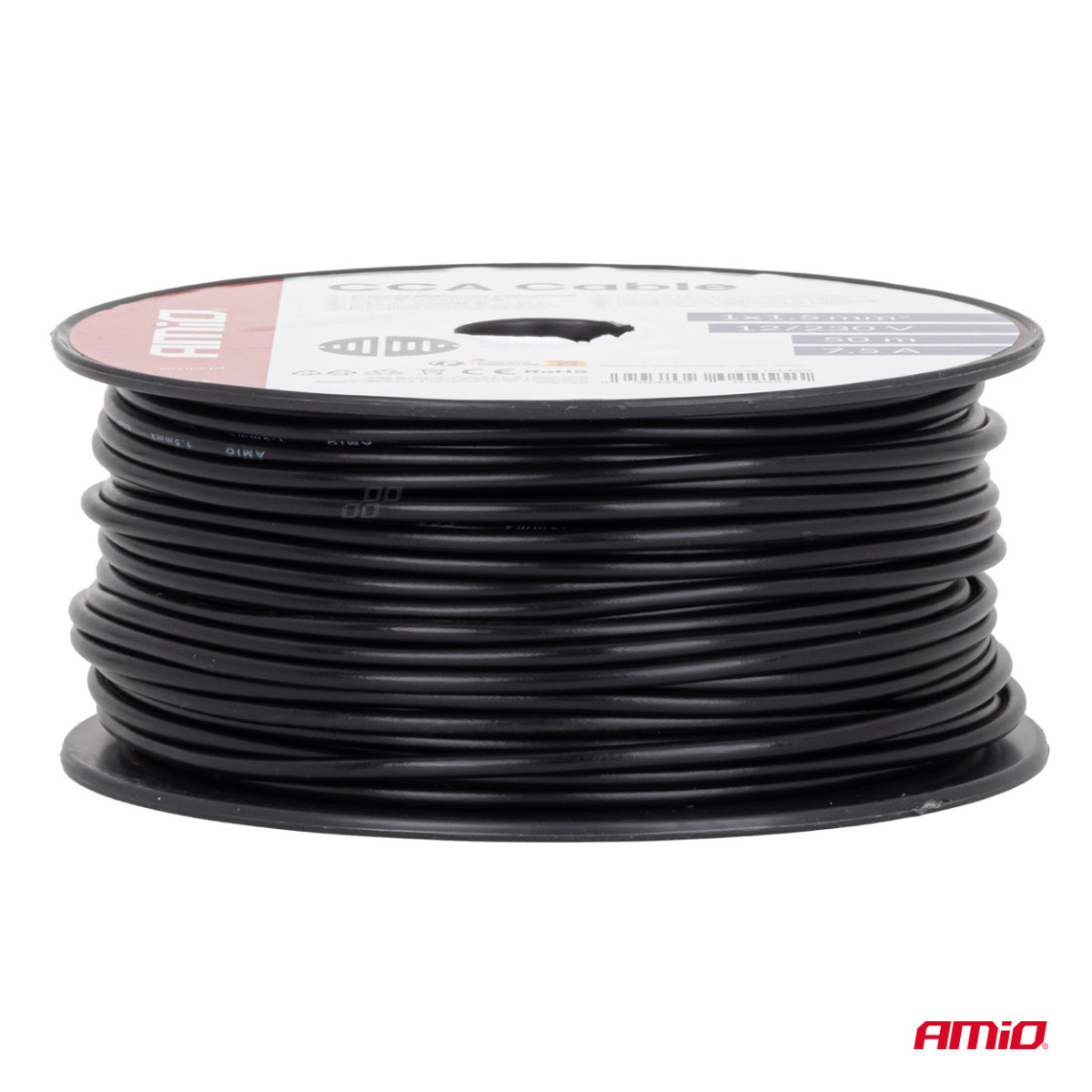 Viengyslis CCA kabelis, juodas, 1x1.5mm² 50m 7.5A 12/230V AMIO-04455