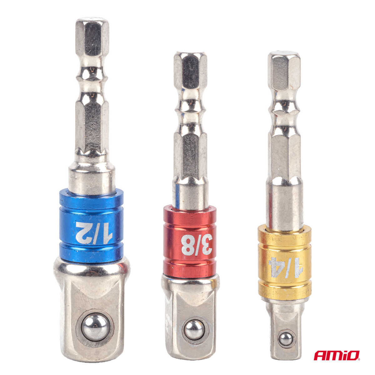 Galvučių adapterių suktuvui rinkinys, 1/4" / 3/8" / 1/2", 3 vnt., AMIO-04936