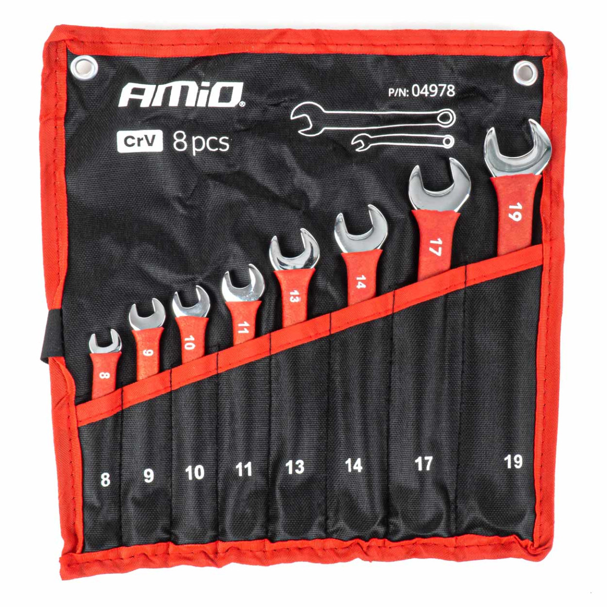 Žiedinių raktų rinkinys, 8–19 mm, CrV, 8 vnt., AMIO-04978