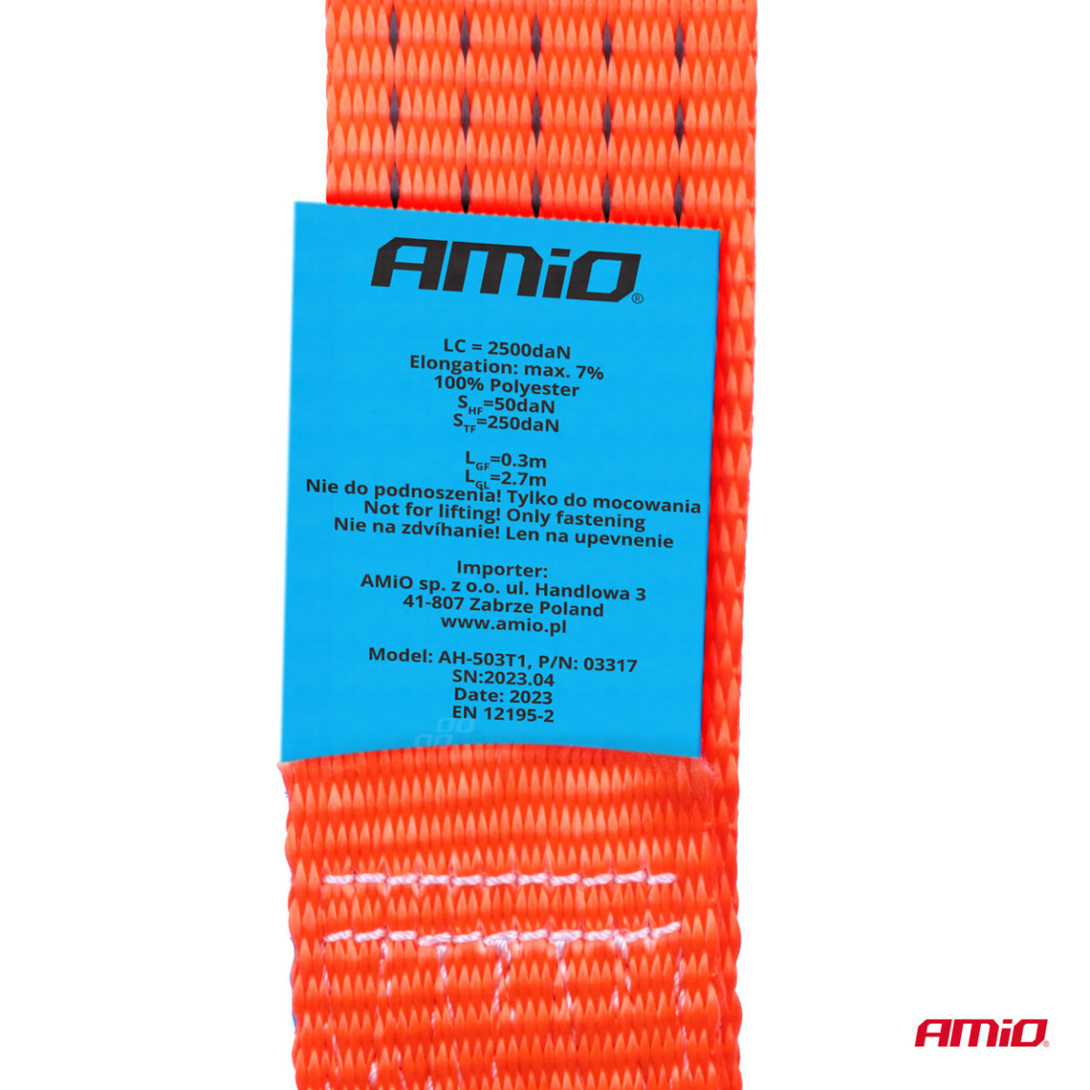 Krovinių tvirtinimo diržas su įtempikliu ir atrama 5000 kg, 3 m x 50 mm, AMIO-03317