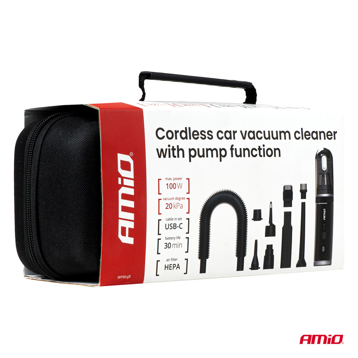 Belaidis automobilinis siurblys su pompos funkcija 100W 20 kPa USB-C AMIO-04785