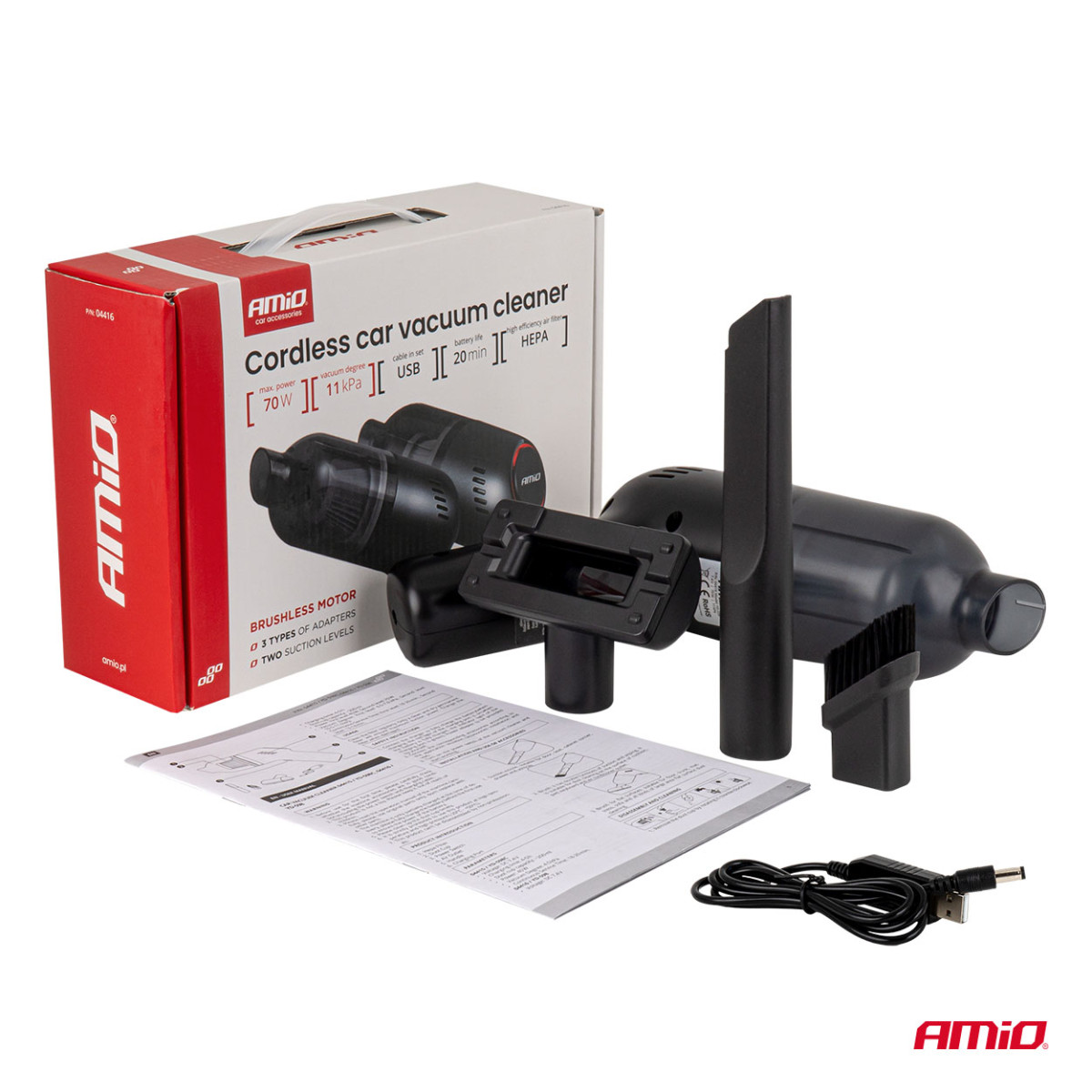 Belaidis automobilinis dulkių siurblys 70 W, 11 kPa, USB-C, su HEPA filtru, VC-08 AMIO-04416