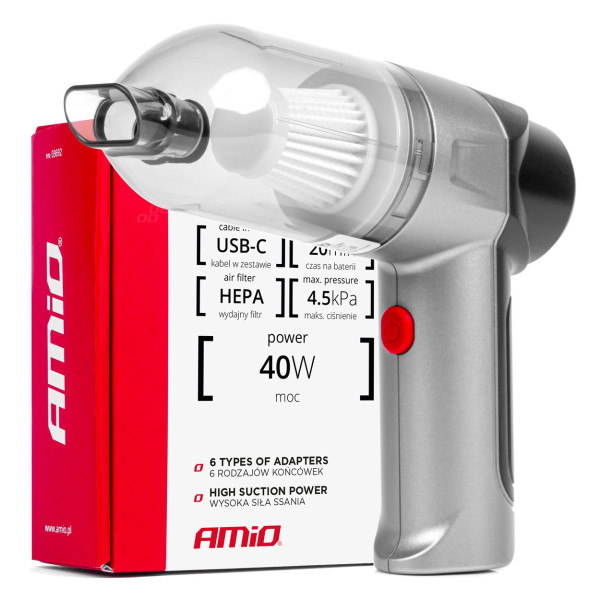 Belaidis automobilinis dulkių siurblys 40 W, 4000 mAh, su HEPA filtru, 4,5 kPa AMiO-03692 Belaidis automobilinis dulkių siurblys 40 W, 4000 mAh, su HEPA filtru, 4,5 kPa AMiO-03692
