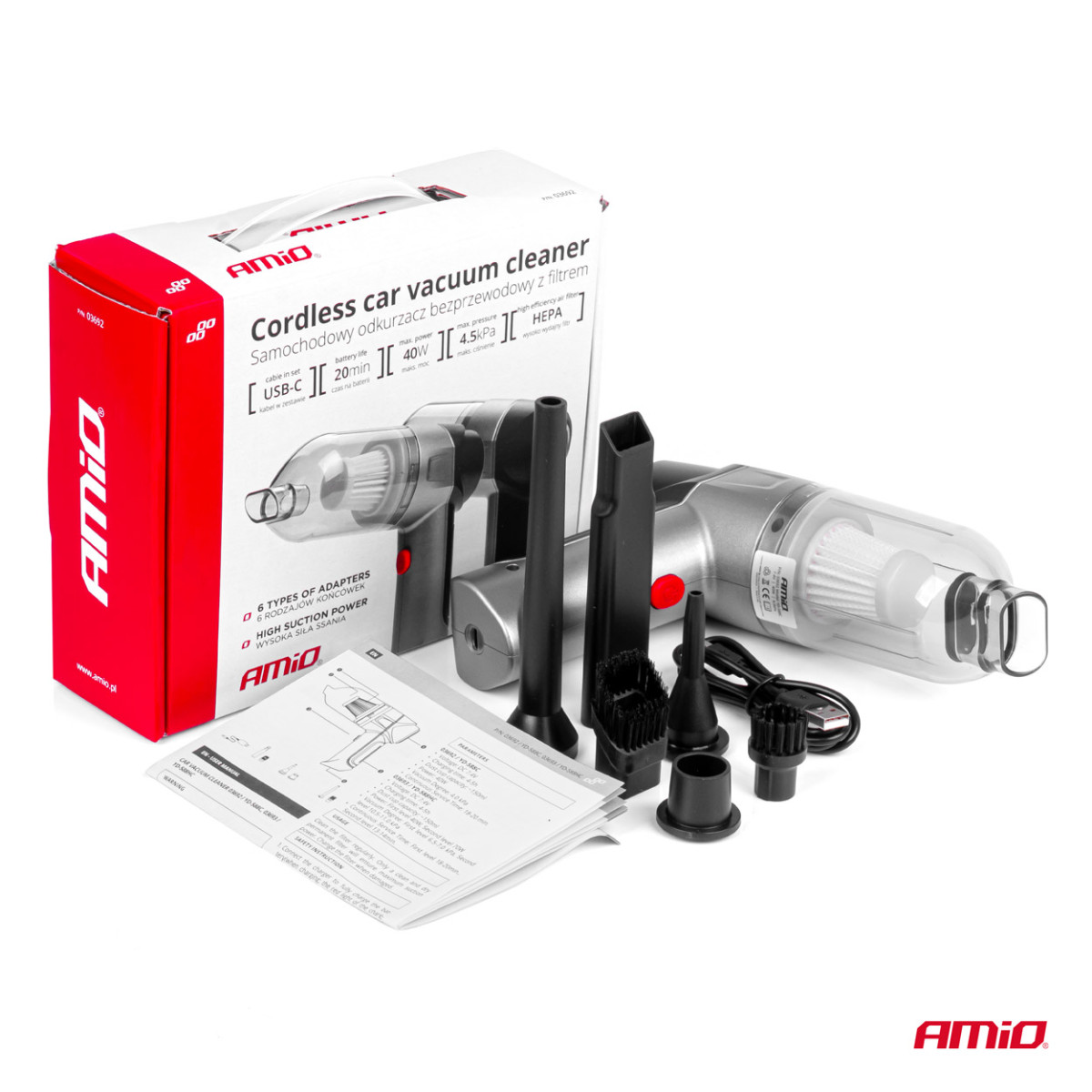 Belaidis automobilinis dulkių siurblys 40 W, 4000 mAh, su HEPA filtru, 4,5 kPa AMiO-03692