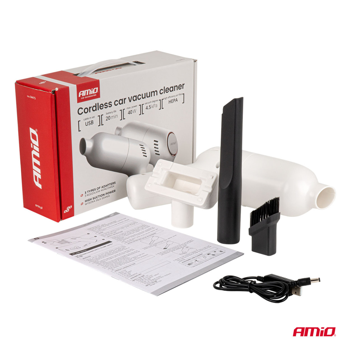 Belaidis automobilinis dulkių siurblys 40 W, 4,5 kPa, USB-C, su HEPA filtru, VC-07 AMIO-04415