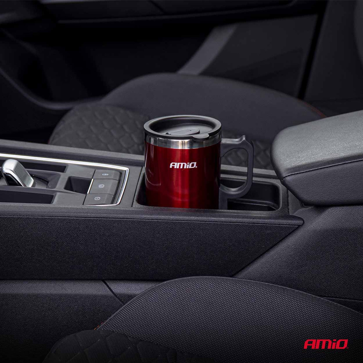 Automobilio virdulys-puodelis, 450 ml 12V, raudonas, AMIO-02177