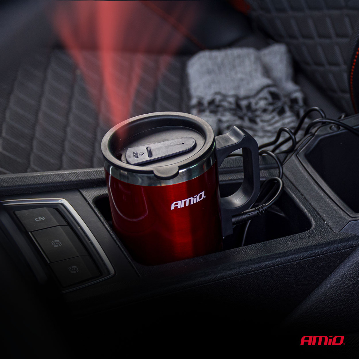 Automobilio virdulys-puodelis, 450 ml 12V, raudonas, AMIO-02177