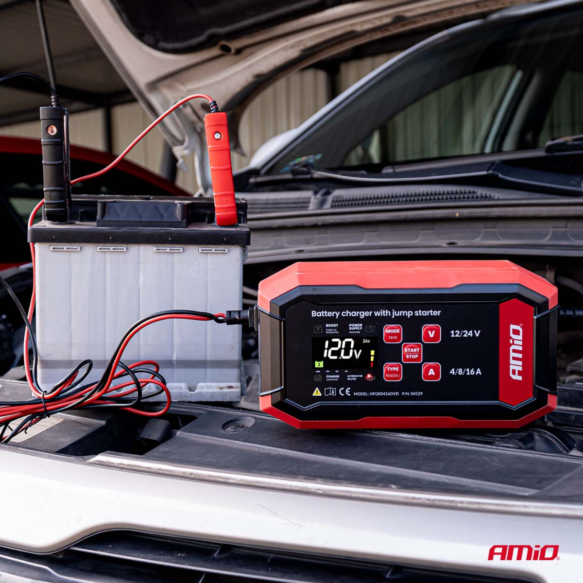 Akumuliatoriaus įkroviklis su užvedimo funkcija AGM/GEL/STD/LiFePo4 MAX 16A 12/24V PRO AMIO-04529