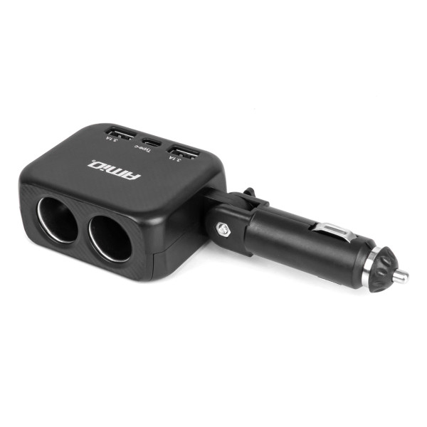 Dviejų lizdų cigarečių uždegiklio prailgintojas su įkrovikliu 2×USB-A + USB-C 12/24V 100W 180° AMIO-04357