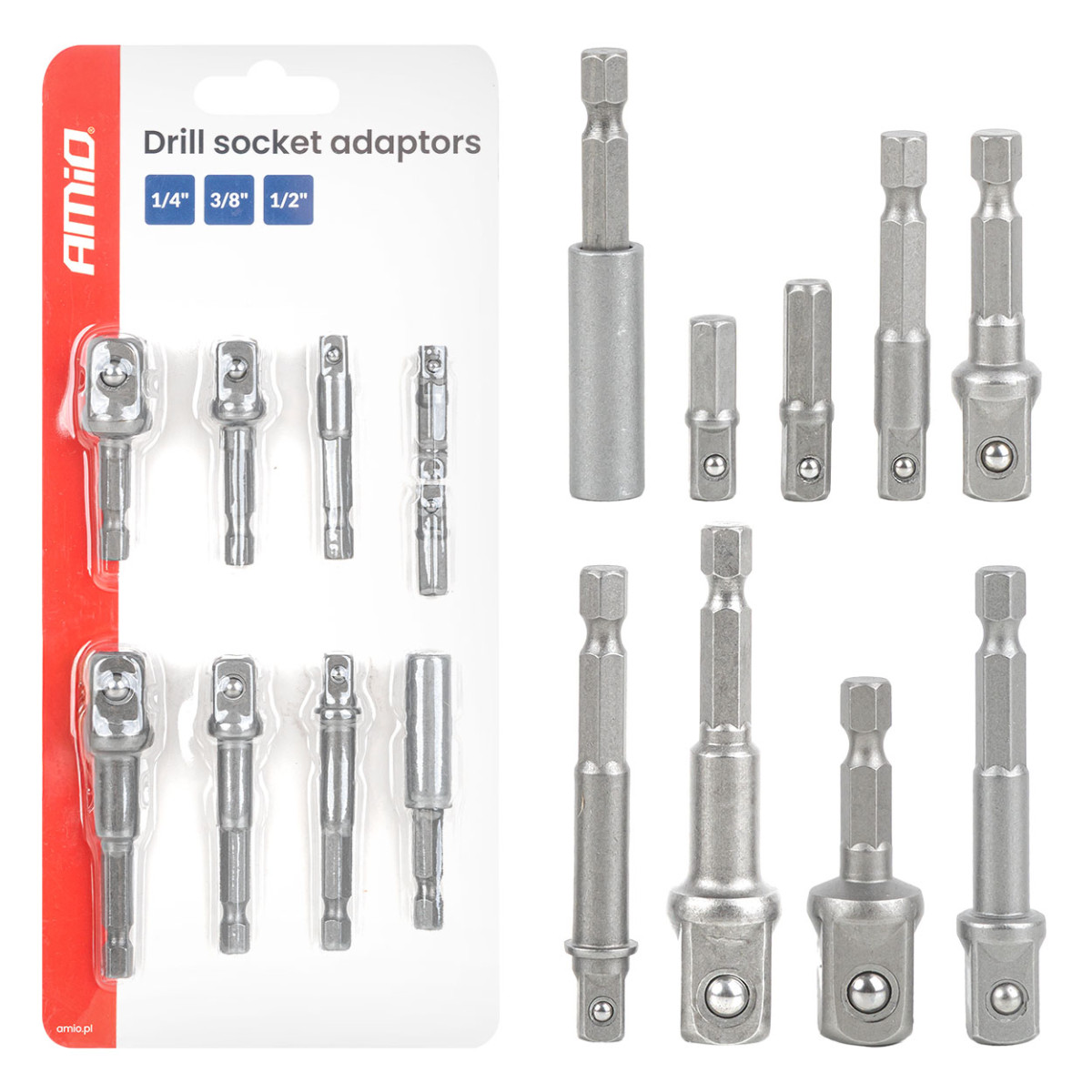 Galvučių adapterių suktuvui rinkinys, 1/4" HEX, 1/4" / 3/8" / 1/2", 9 vnt., AMIO-04931