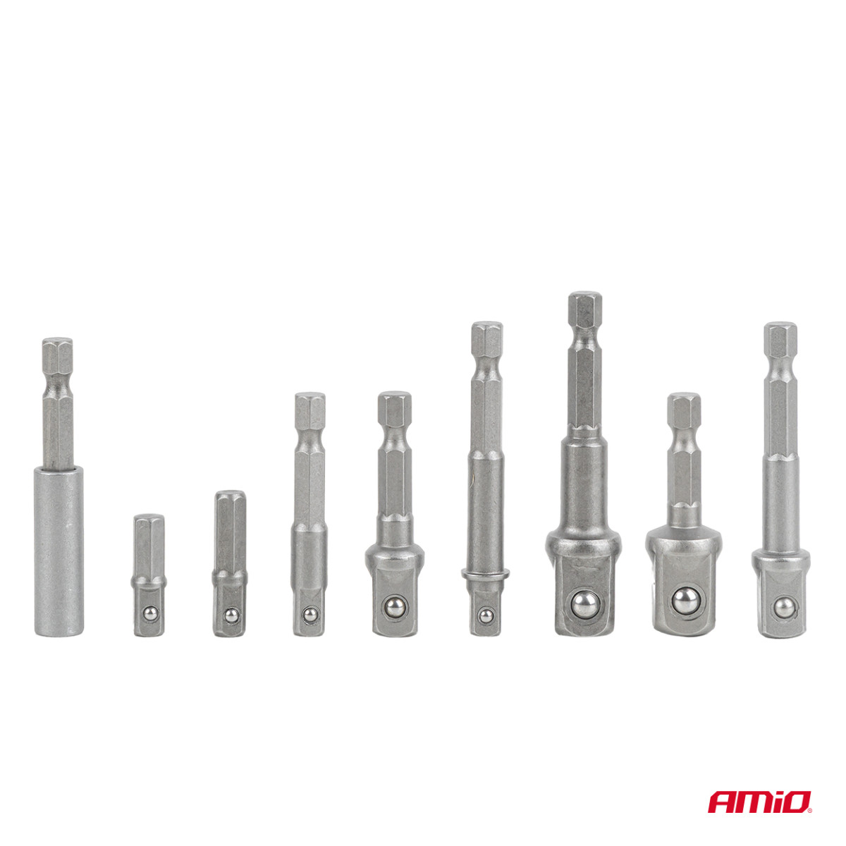 Galvučių adapterių suktuvui rinkinys, 1/4" HEX, 1/4" / 3/8" / 1/2", 9 vnt., AMIO-04931