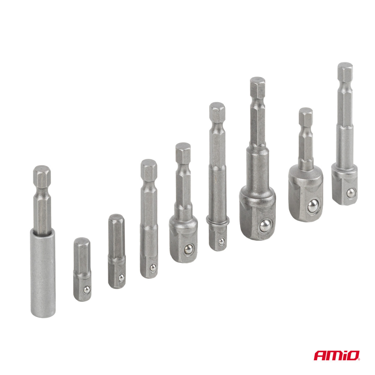 Galvučių adapterių suktuvui rinkinys, 1/4" HEX, 1/4" / 3/8" / 1/2", 9 vnt., AMIO-04931