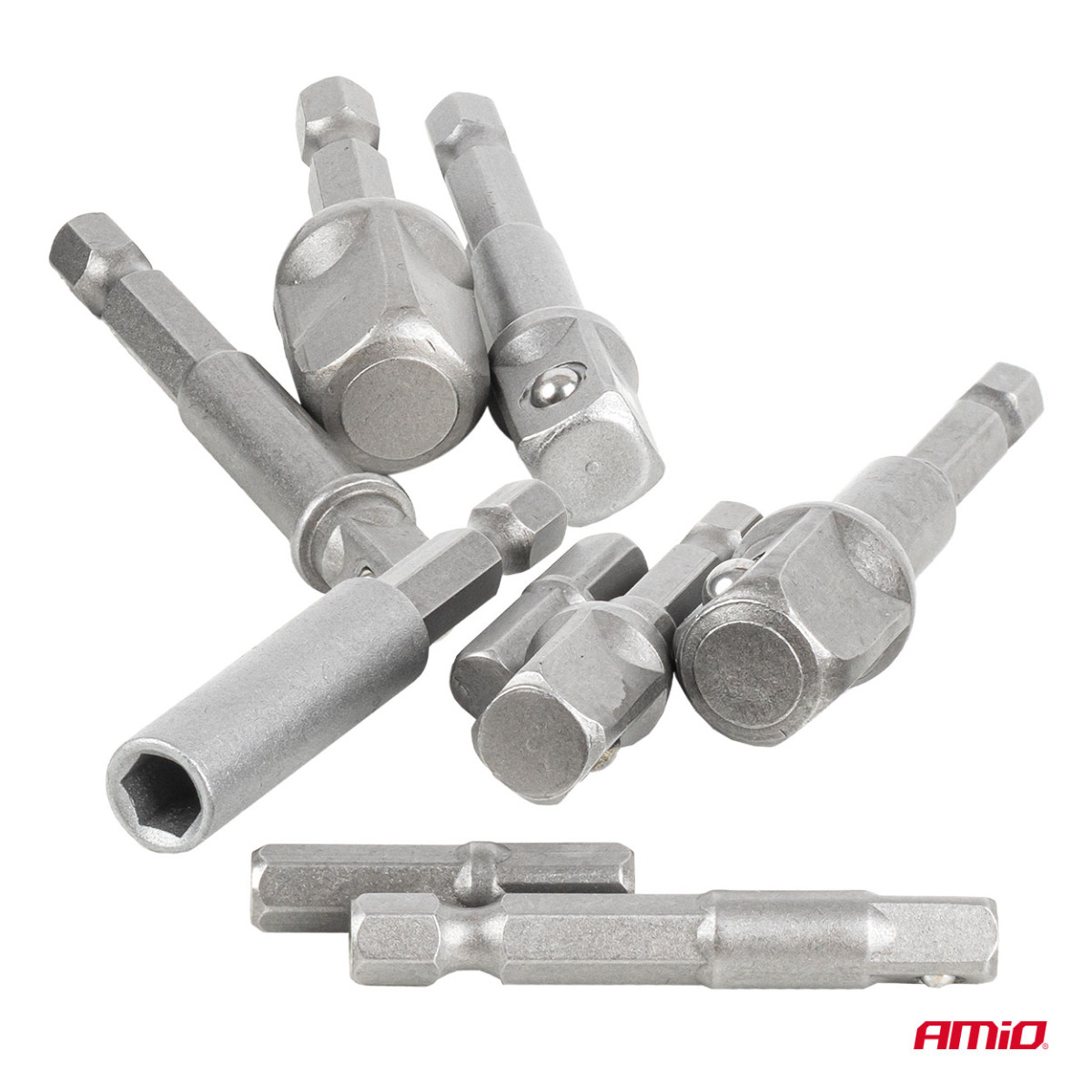 Galvučių adapterių suktuvui rinkinys, 1/4" HEX, 1/4" / 3/8" / 1/2", 9 vnt., AMIO-04931