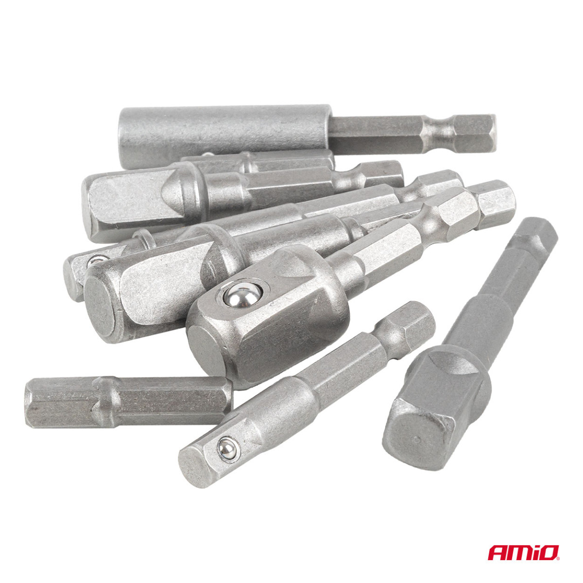 Galvučių adapterių suktuvui rinkinys, 1/4" HEX, 1/4" / 3/8" / 1/2", 9 vnt., AMIO-04931