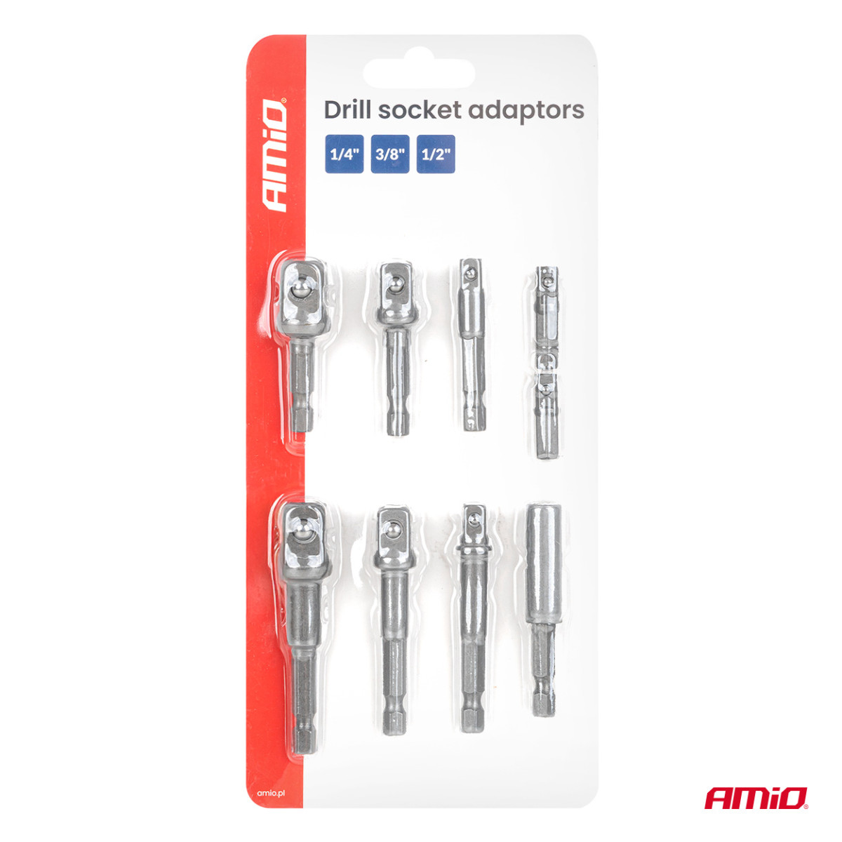 Galvučių adapterių suktuvui rinkinys, 1/4" HEX, 1/4" / 3/8" / 1/2", 9 vnt., AMIO-04931