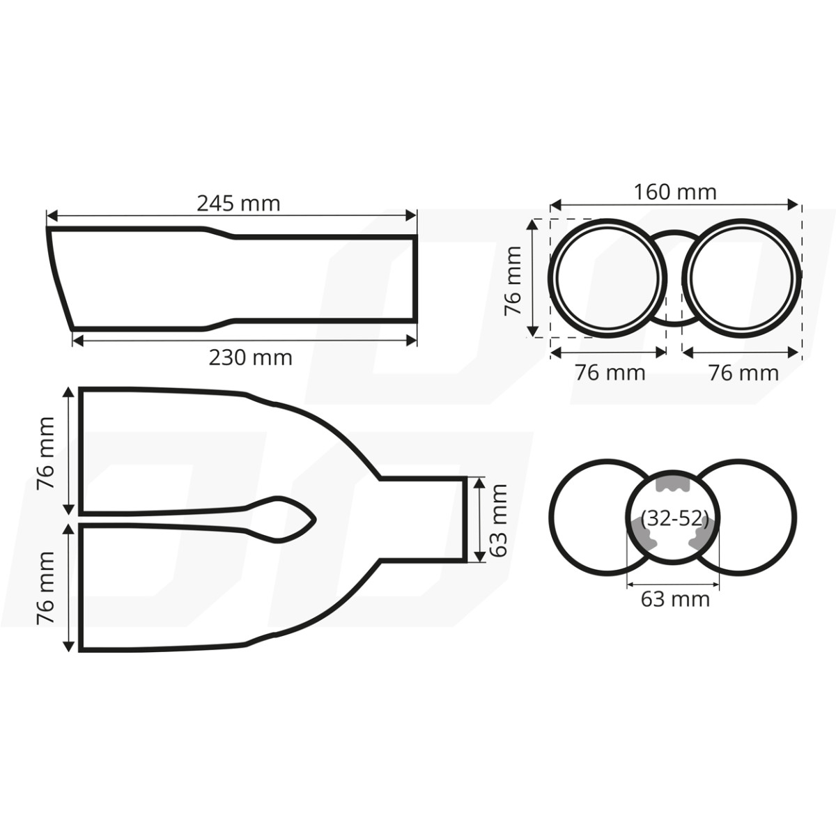 Duslintuvo antgalis 32-52 mm, nerūdijančio plieno, juodas matinio chromo, dvigubas AMiO-04063
