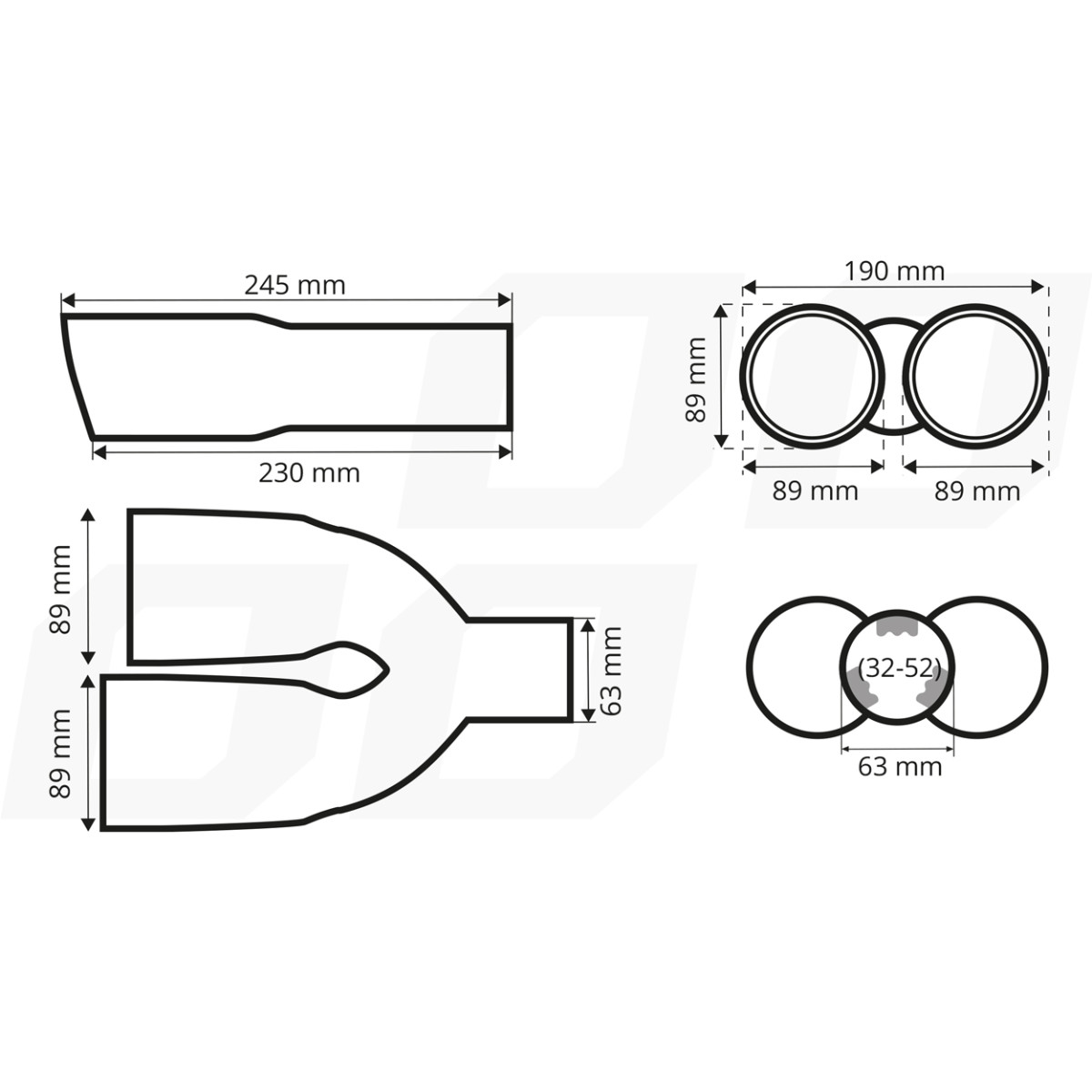 Duslintuvo antgalis 32-52 mm, nerūdijančio plieno, chromuotas, dvigubas, kairysis AMiO-04067