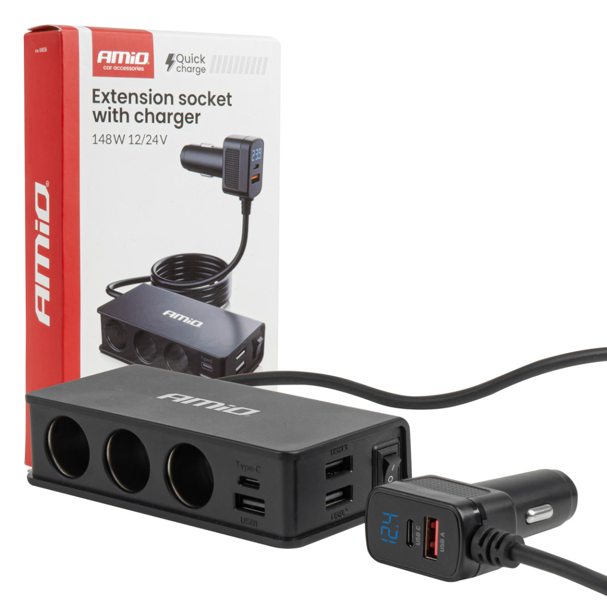 Lizdo skirstytuvas 12/24V su 3x USB-A, USB-C, QC3.0, PD3.0 148W AMIO-04836