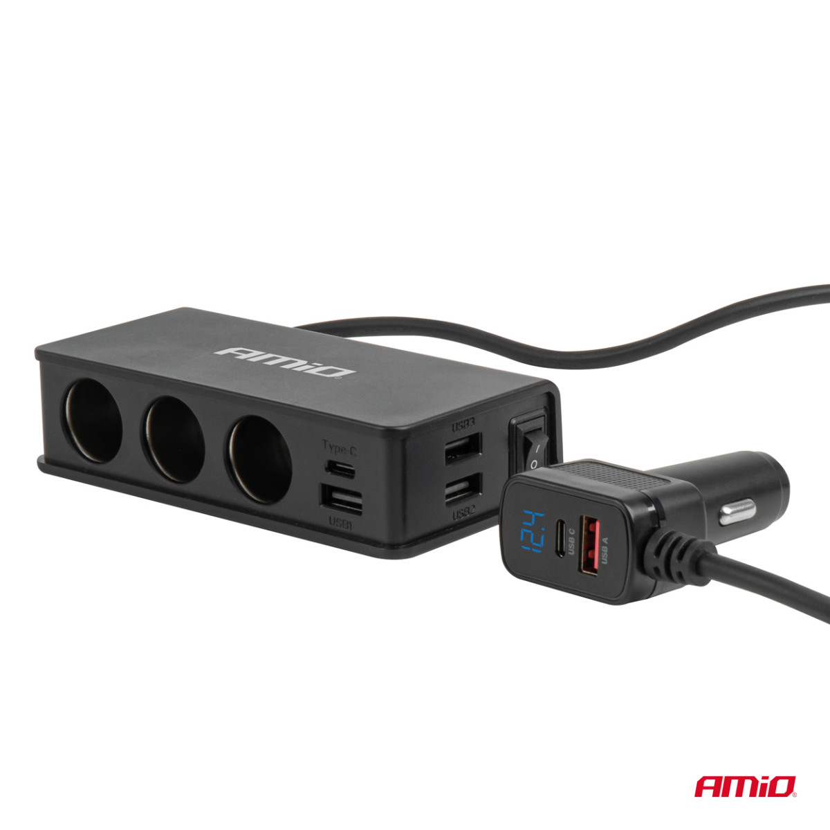 Lizdo skirstytuvas 12/24V su 3x USB-A, USB-C, QC3.0, PD3.0 148W AMIO-04836