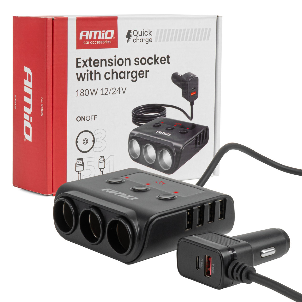 Lizdo skirstytuvas 12/24V su 4x USB-A QC3.0 PD3.0 180W AMIO-04835
