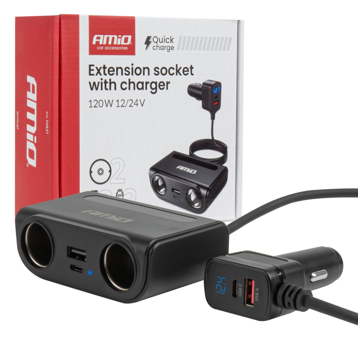 Lizdo skirstytuvas 12/24V su USB-C USB-A QC3.0 PD3.0 120W AMIO-04837