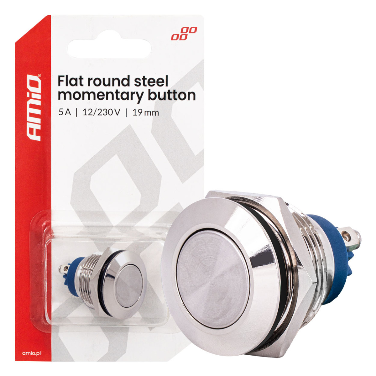 Plokščias apvalus momentinis mygtukas, 19 mm, 5 A, 12/230 V AMIO-04436