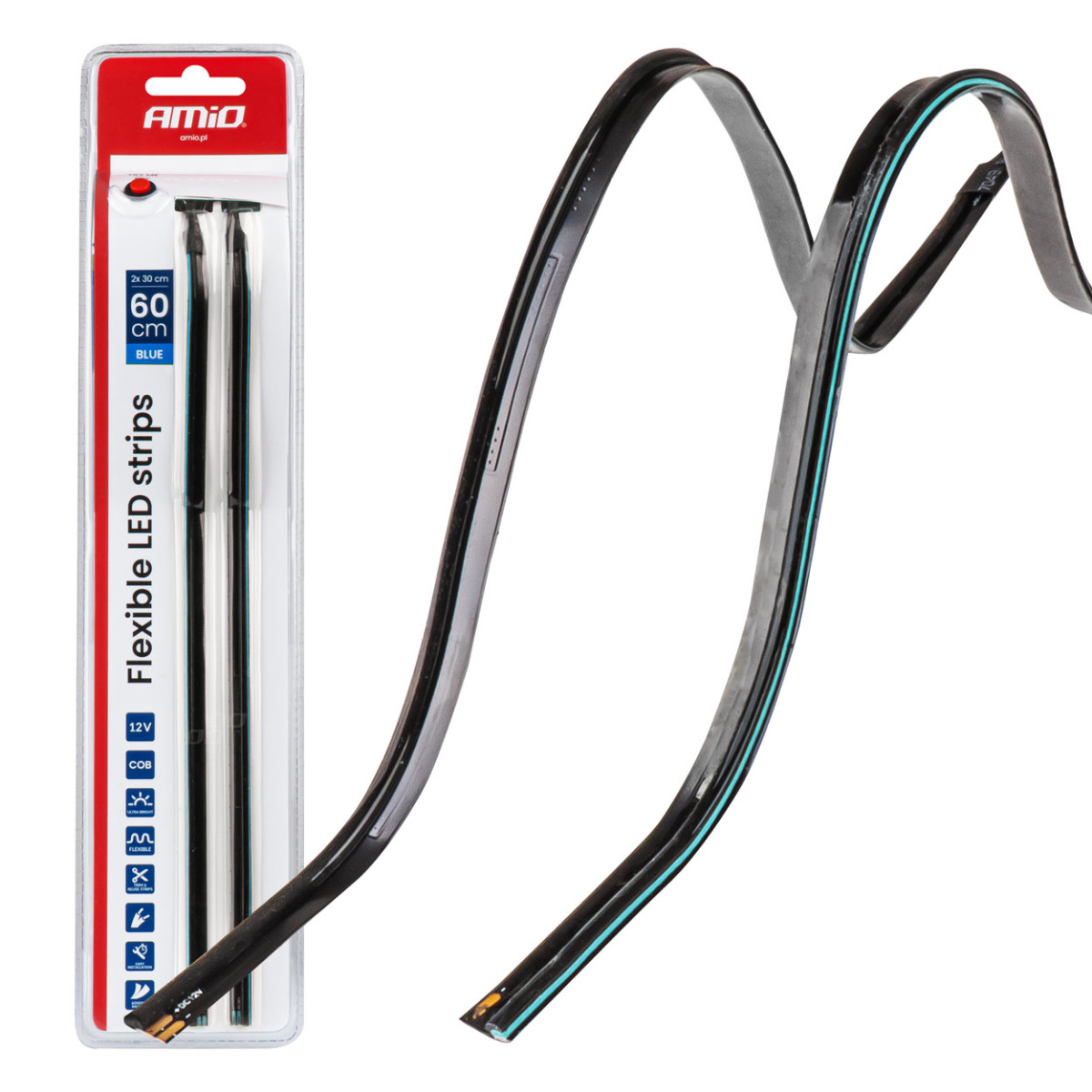 Lanksčios šoninės COB LED juostos 2x30 cm 12V, mėlyna