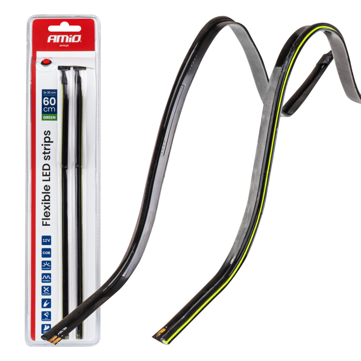 Lanksčios šoninės COB LED juostos 2x30 cm 12V, žalia