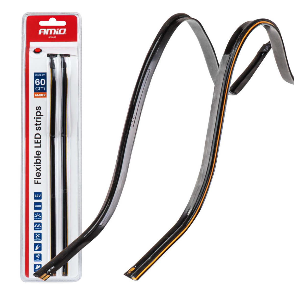 Lanksčios šoninės COB LED juostos 2x30 cm 12V, gintarinė