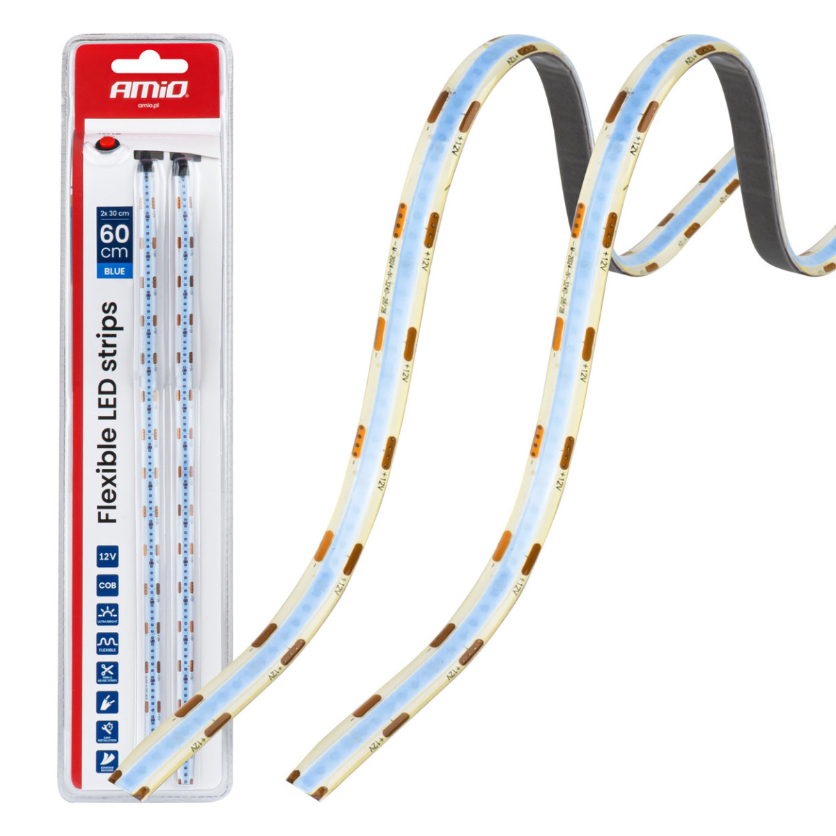 Lanksčios COB LED juostos 2x30 cm 12V, mėlyna