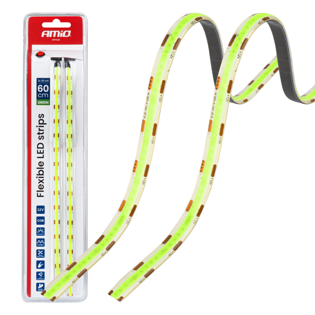 Lanksčios COB LED juostos 2x30 cm 12V, žalia