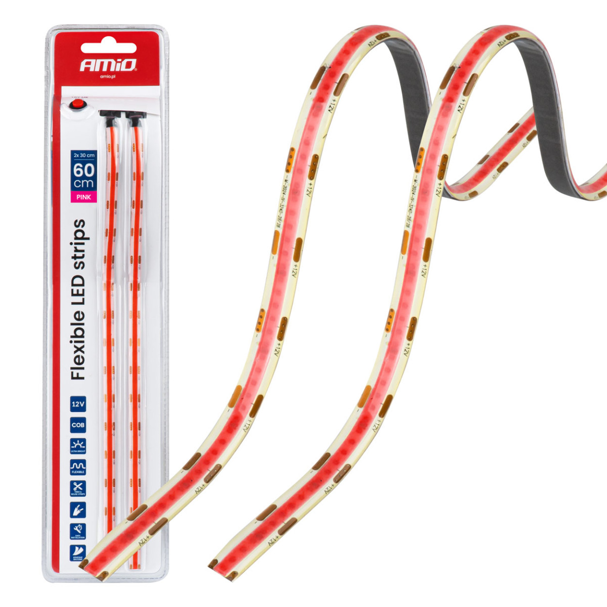 Lanksčios COB LED juostos 2x30 cm 12V, rožinė