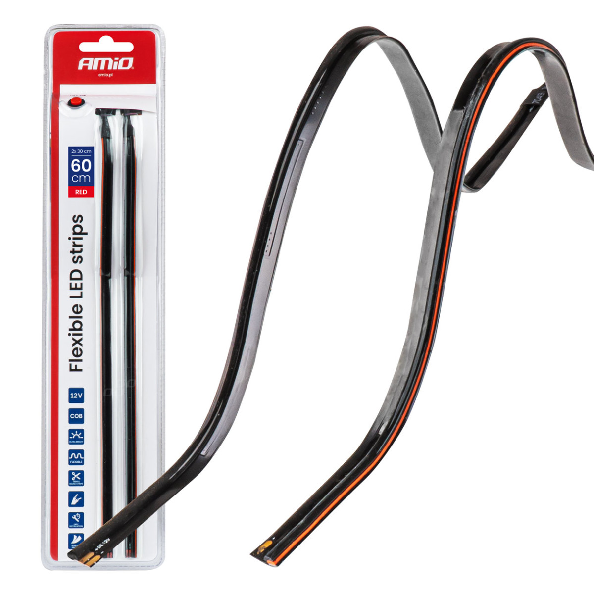 Lanksčios šoninės COB LED juostos 2x30 cm 12V, raudona 