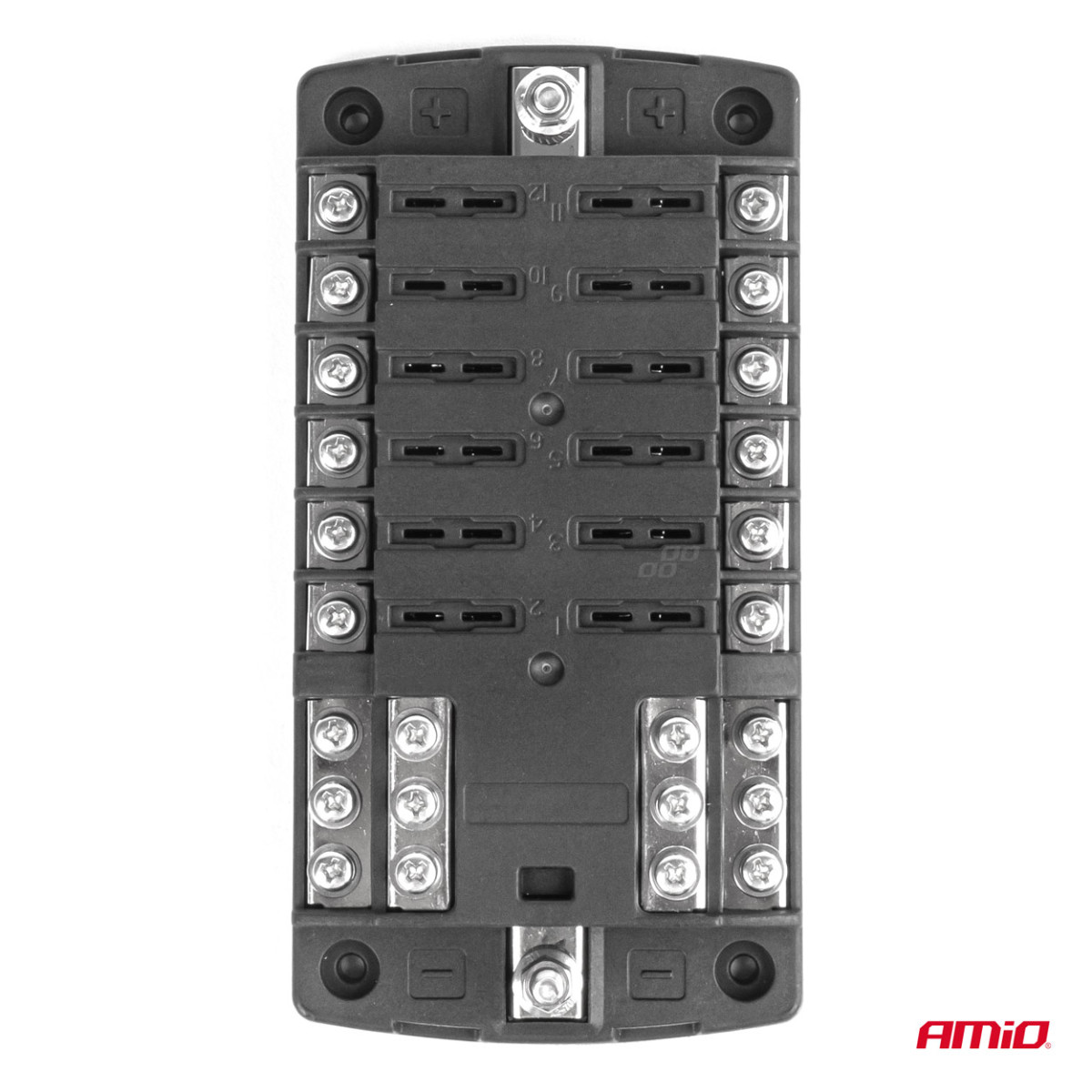 Saugiklių dėžutė, 12 lizdų su varžtiniais kontaktais ir minuso jungtimi AMIO-03834
