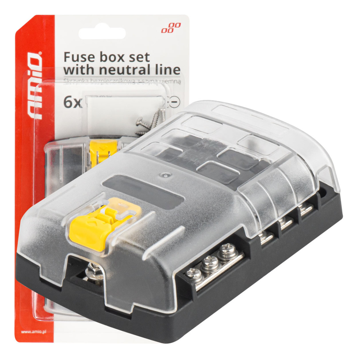 Saugiklių dėžutė, 6 lizdų su varžtiniais kontaktais ir minuso jungtimi AMIO-03833