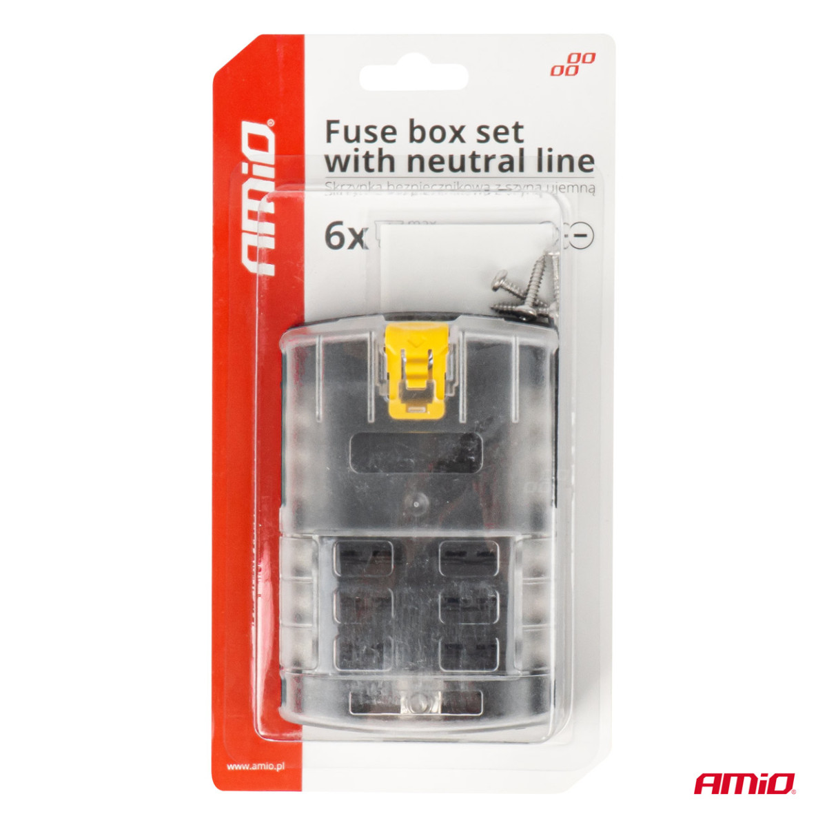 Saugiklių dėžutė, 6 lizdų su varžtiniais kontaktais ir minuso jungtimi AMIO-03833