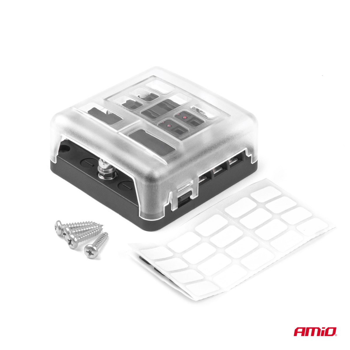 Saugiklių dėžutė, 6 lizdų su LED ir minuso jungtimi AMIO-03038