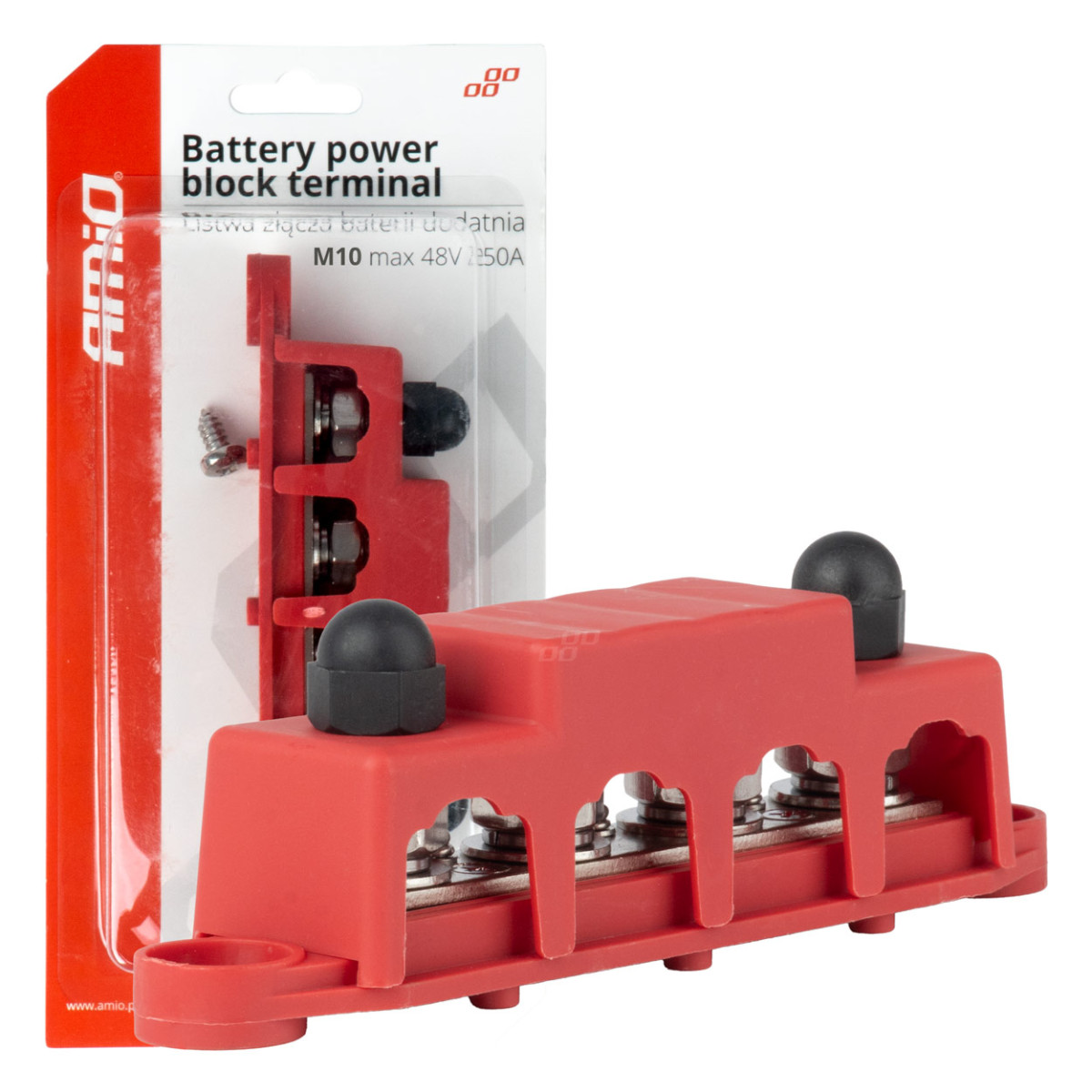 Teigiamo poliaus galios paskirstymo blokas su 4 M10 varžtais, Bus Bar 12/24/48V 250A, AMIO-03812