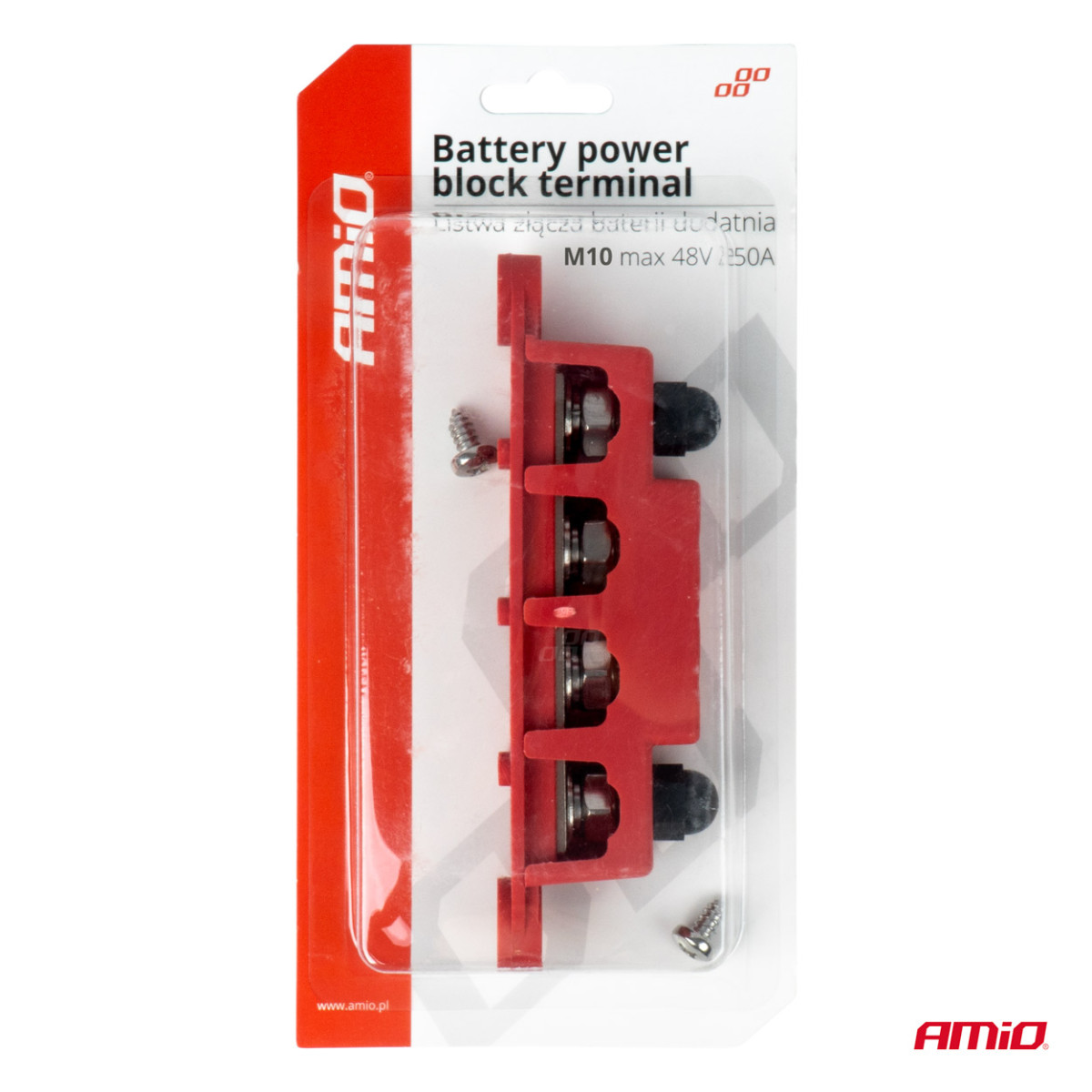 Teigiamo poliaus galios paskirstymo blokas su 4 M10 varžtais, Bus Bar 12/24/48V 250A, AMIO-03812