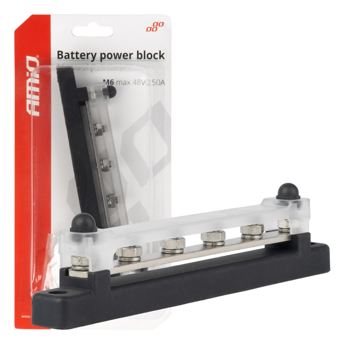 Neigiamo poliaus galios paskirstymo blokas su 4 M6 varžtais, Bus Bar 12/24/48V 150A, AMIO-03808