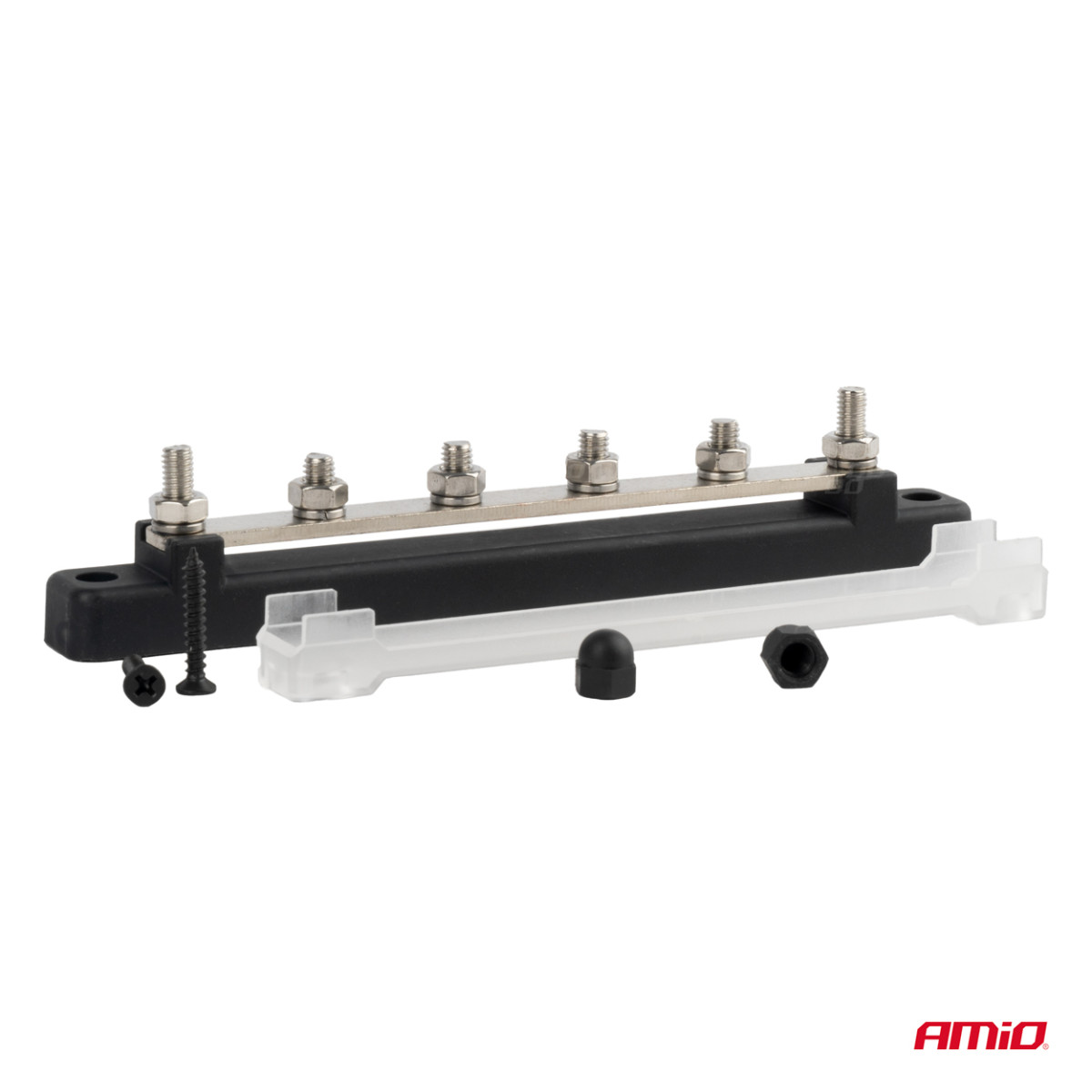 Neigiamo poliaus galios paskirstymo blokas su 4 M6 varžtais, Bus Bar 12/24/48V 150A, AMIO-03808