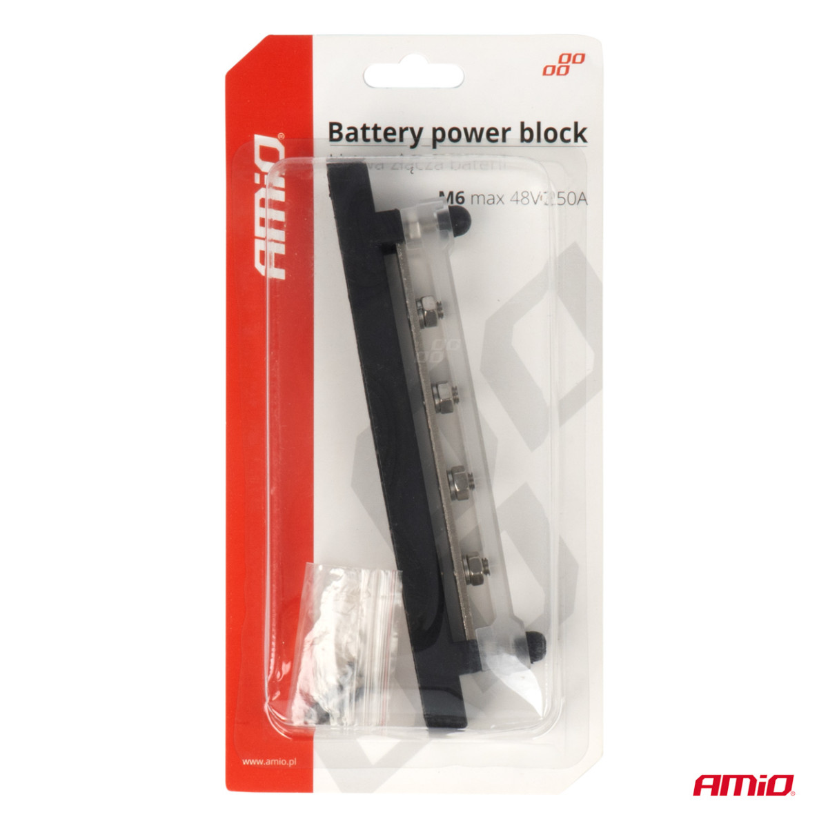 Neigiamo poliaus galios paskirstymo blokas su 4 M6 varžtais, Bus Bar 12/24/48V 150A, AMIO-03808