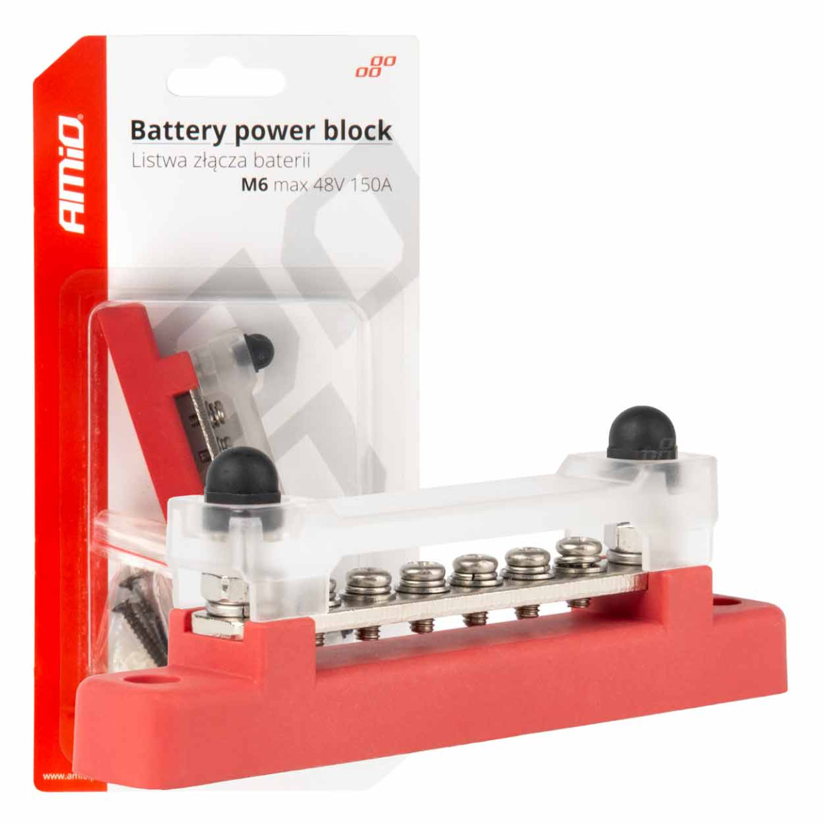 Teigiamo poliaus galios paskirstymo blokas su 4 M6 varžtais, Bus Bar 12/24/48V 150A, AMIO-03810