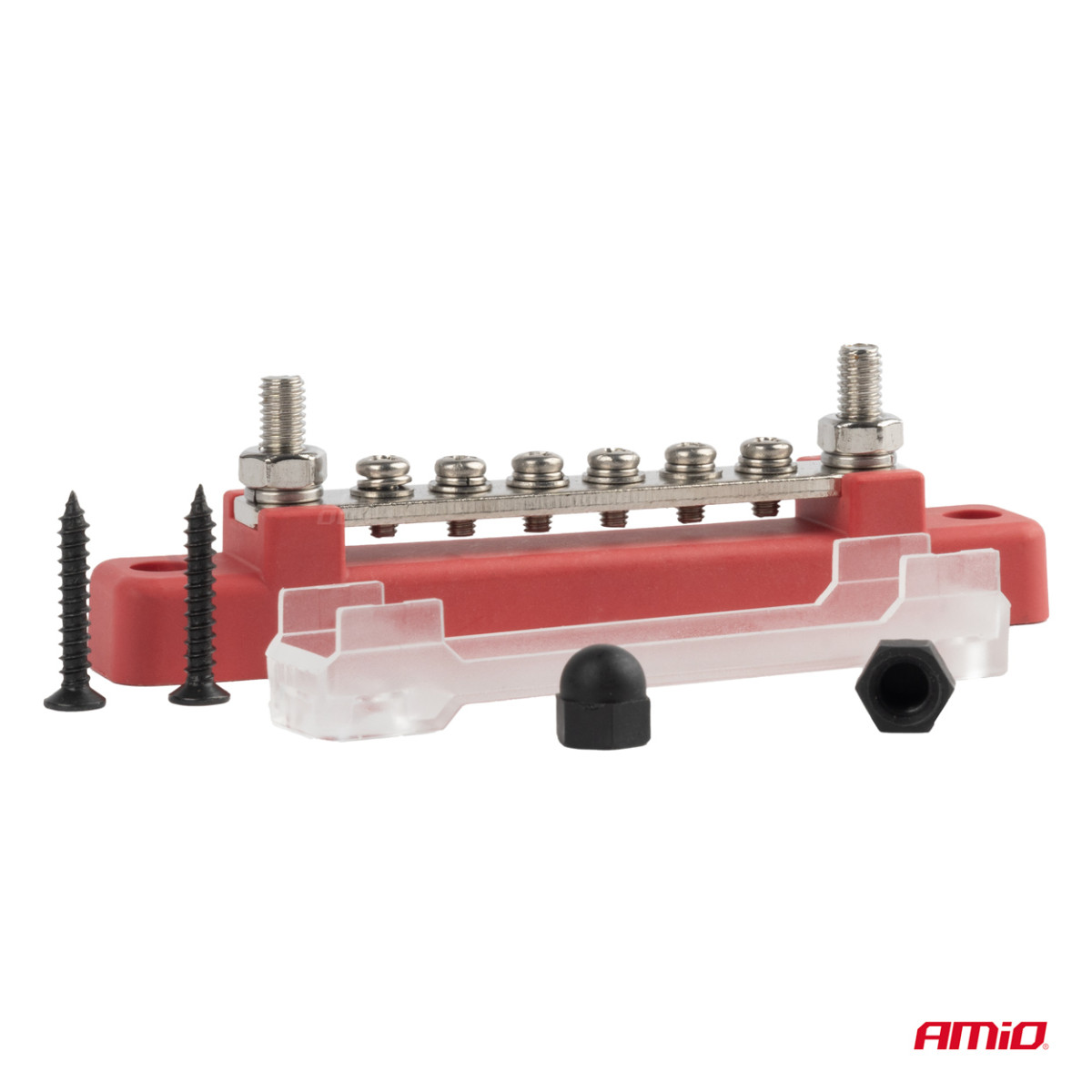 Teigiamo poliaus galios paskirstymo blokas su 4 M6 varžtais, Bus Bar 12/24/48V 150A, AMIO-03810