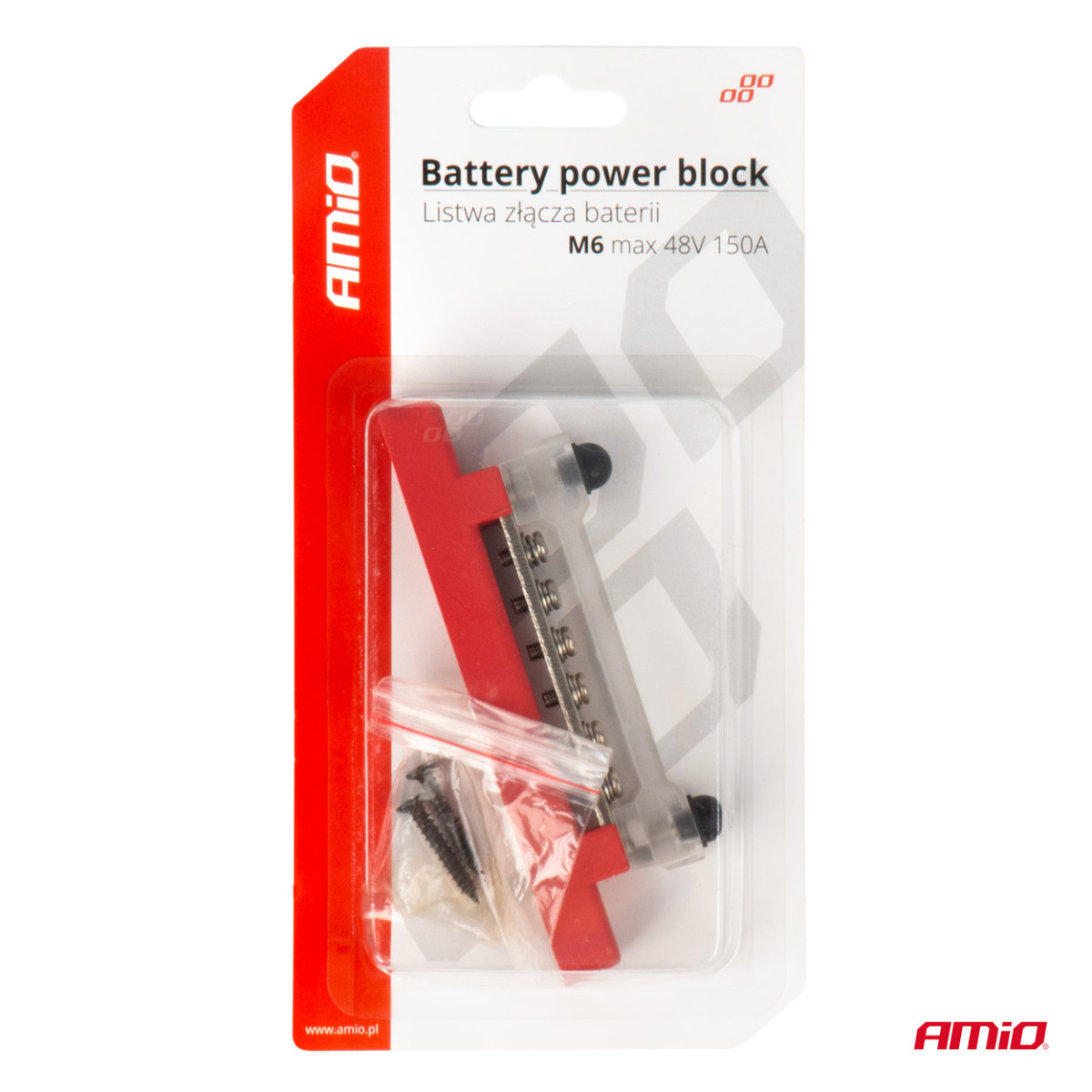 Teigiamo poliaus galios paskirstymo blokas su 4 M6 varžtais, Bus Bar 12/24/48V 150A, AMIO-03810