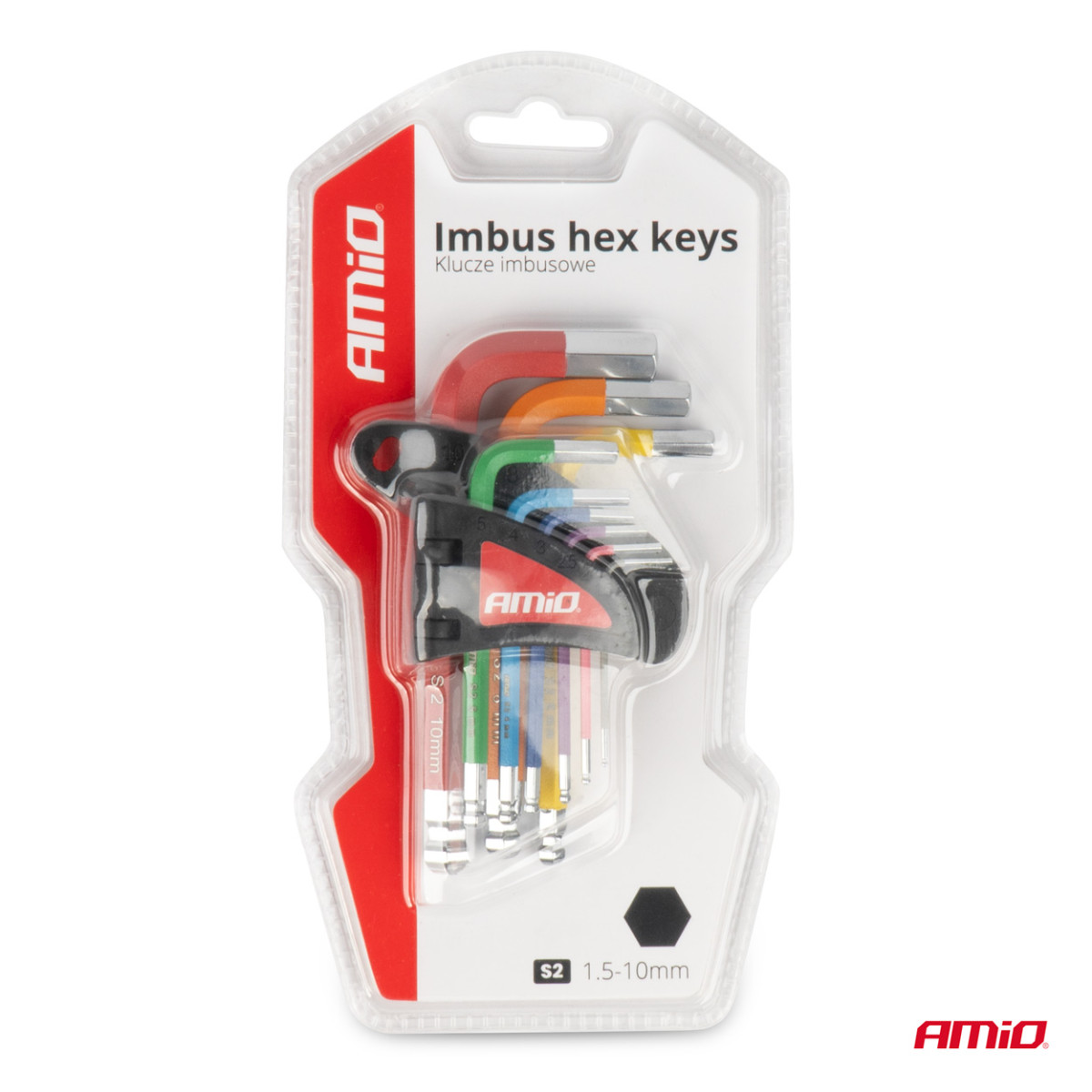 HEX (imbus) raktai su kamuoliuku, trumpi, 9 vnt., S2 AMIO-04298